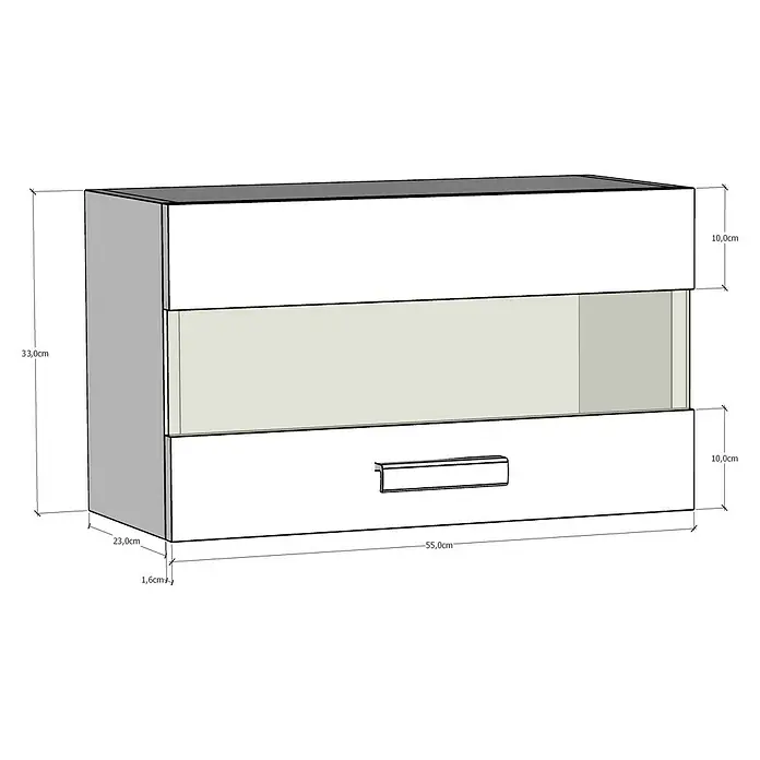 Artysan Armario colgante de baño Fran - L x An x Al: 55 x 23 x 33 cm, Blanco - Ilustración de un armario colgante blanco con cajón y frente de cristal, combinando diseño moderno con funcionalidad.