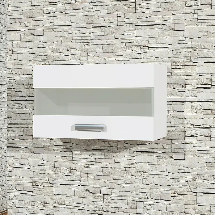 Artysan Armario colgante de baño Fran - L x An x Al: 55 x 23 x 33 cm, Blanco - Un moderno armario de pared blanco con estante de vidrio y un asa de color plateado contra una pared de piedra.