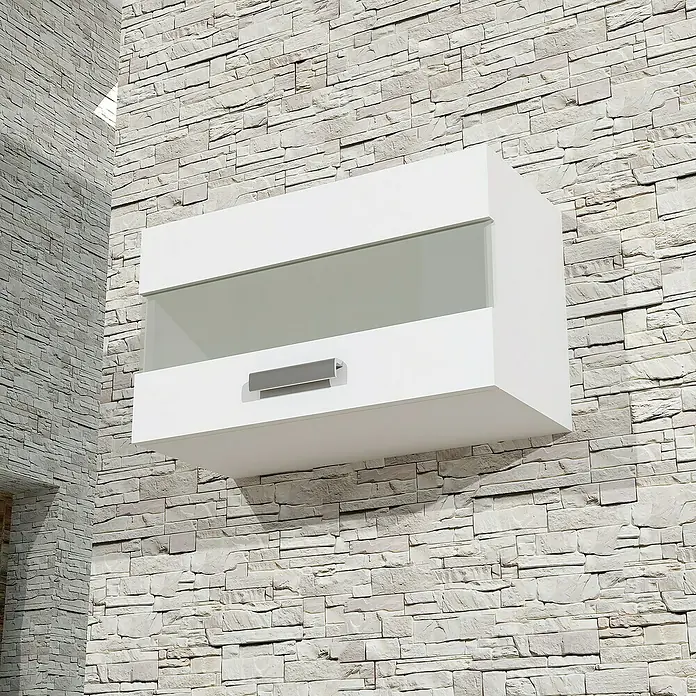 Artysan Armario colgante de baño Fran - L x An x Al: 55 x 23 x 33 cm, Blanco - Un armario de pared blanco con frente de cristal y tirador plateado montado en una pared de piedra. Diseño moderno para almacenamiento elegante.