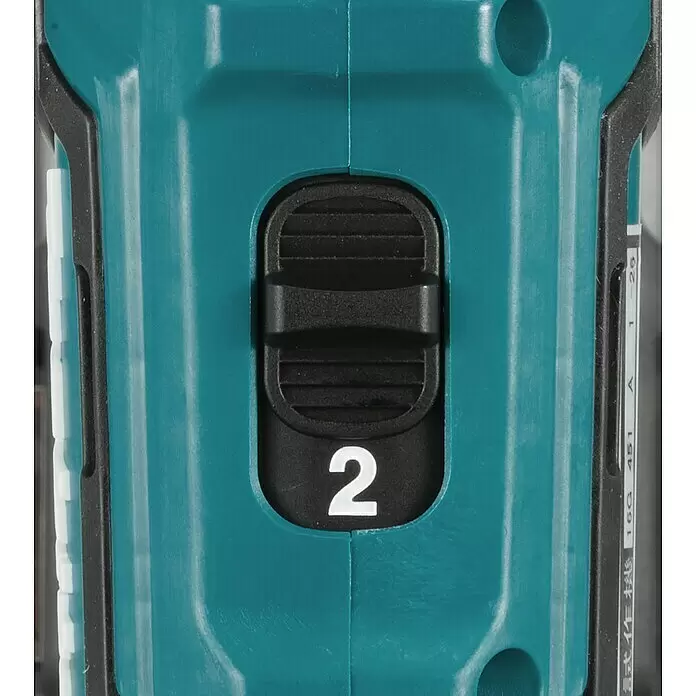 Makita CXT 12V max. Akku-Schlagbohrschrauber HP333DSAX1 - 12 V, 2 Akkus, 2 Ah, 30 Nm, 2 Akkus + Koffer inkl. Zubehör - Nahaufnahme eines türkisfarbenen Elektrowerkzeugs mit schwarzem Wahlschalter auf Stufe '2'.