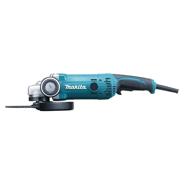 Makita Elektro-Winkelschleifer GA9050R - 2.000 W, Durchmesser Scheibe: 230 mm, Leerlaufdrehzahl: 6.600 U/min - Eine blaue Makita-Winkelschleifmaschine mit schwarzem Griff und Schleifscheibe. Das Werkzeug ist für Schleifarbeiten konzipiert.