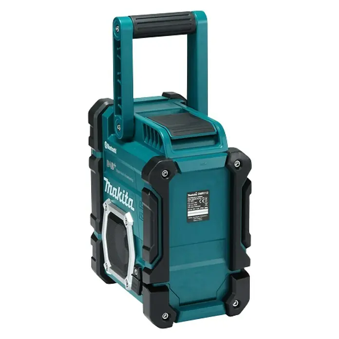 Makita LXT 18V Akku-Baustellenradio DMR112 - 18 V, Ohne Akku, Frequenz: 174.928 - 239.200 MHz (DAB/DAB+) - Das Bild zeigt einen tragbaren Makita DMR112 Baustellenradio mit robustem Design in Türkis und Schwarz. Das Gerät verfügt über einen Tragegriff und ein Display.