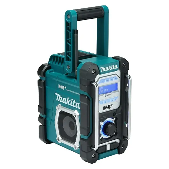 Makita LXT 18V Akku-Baustellenradio DMR112 - 18 V, Ohne Akku, Frequenz: 174.928 - 239.200 MHz (DAB/DAB+) - Das Bild zeigt ein Makita Baustellenradio in Türkis und Schwarz mit Digitalanzeige, das sich ideal für den Einsatz im Freien eignet.