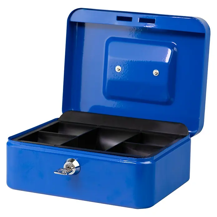 Burg-Wächter Geldkassette Money 5020 - 20 x 16 x 9 cm, Blau - Ein blauer Geldkassette mit Schlüssel und Fächern für eine einfache Organisation von Bargeld und anderen Wertgegenständen.