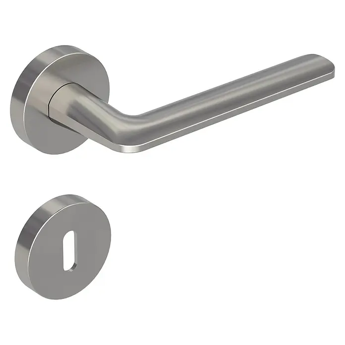 Diamond Doors Creative Drückergarnitur Roswell - Stärke Tür: 38 mm - 45 mm, Edelstahl, Samtgrau, Buntbart - Eine moderne, satinierte Edelstahl-Türgarnitur mit einem eleganten Hebel und einem passenden Schlüsselloch.