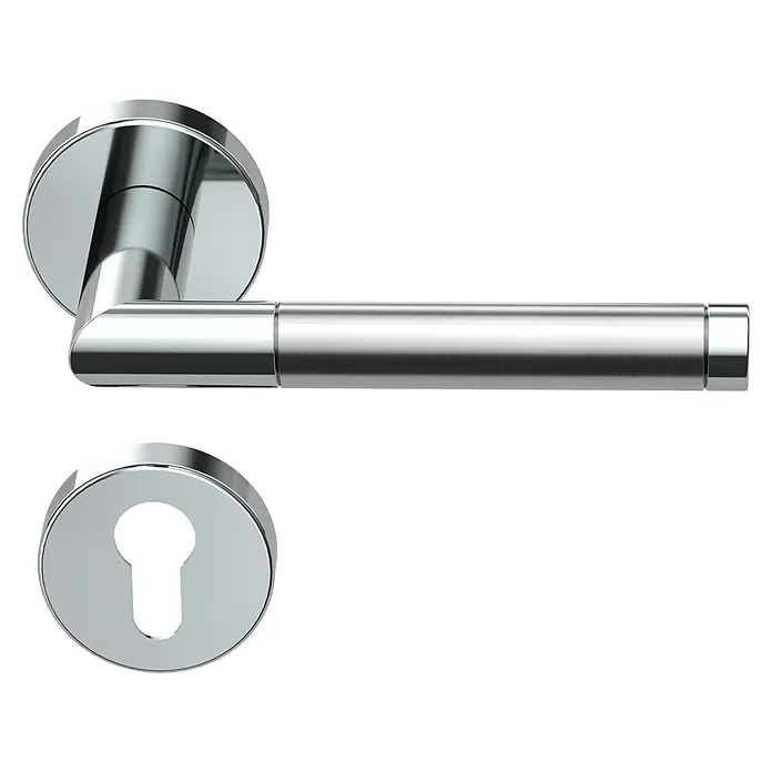 Diamond Doors Creative Drückergarnitur Nebraska - Stärke Tür: 40 mm - 45 mm, Edelstahl, L-Form, Profilzylinder - Türgriff aus poliertem Edelstahl mit Schlüsselrosette für moderne Innentüren. Elegantes und funktionales Design für Ihr Zuhause.