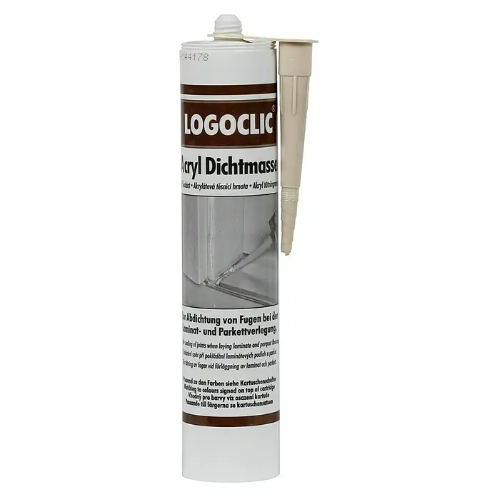 LOGOCLIC Acryl-Dichtmasse - Sand, 310 ml - Abbildung eines Logoclic Acryl Dichtmasse Kartusche, ideal zum Abdichten von Fugen bei Laminat- und Parkettverlegung.