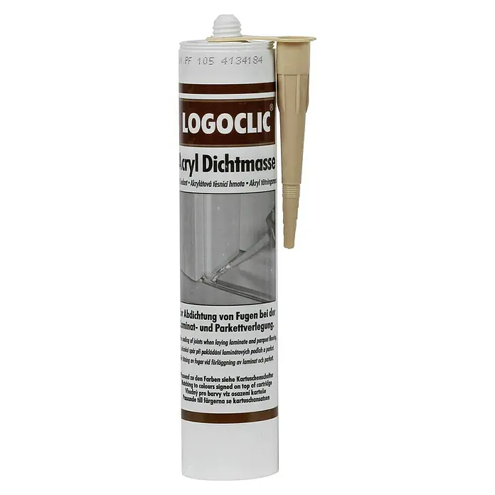 LOGOCLIC Acryl-Dichtmasse - Beige/Braun, 310 ml - Eine braune Kartusche Logoclic Acryl Dichtmasse für Laminat- und Parkettverlegung mit beiger Düse.