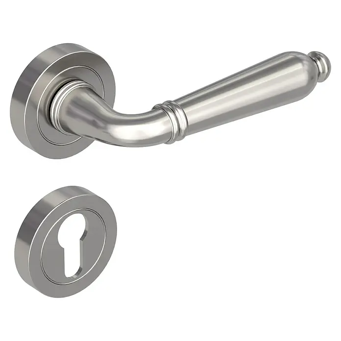 Diamond Doors Classic Drückergarnitur TucsonStärke Tür: 40 mm - 45 mm, Aluminium, Profilzylinder - Eine Nahaufnahme eines satinierten Türgriffs aus Edelstahl mit passendem Schlüsselloch. Elegant und modern für jedes Zuhause.