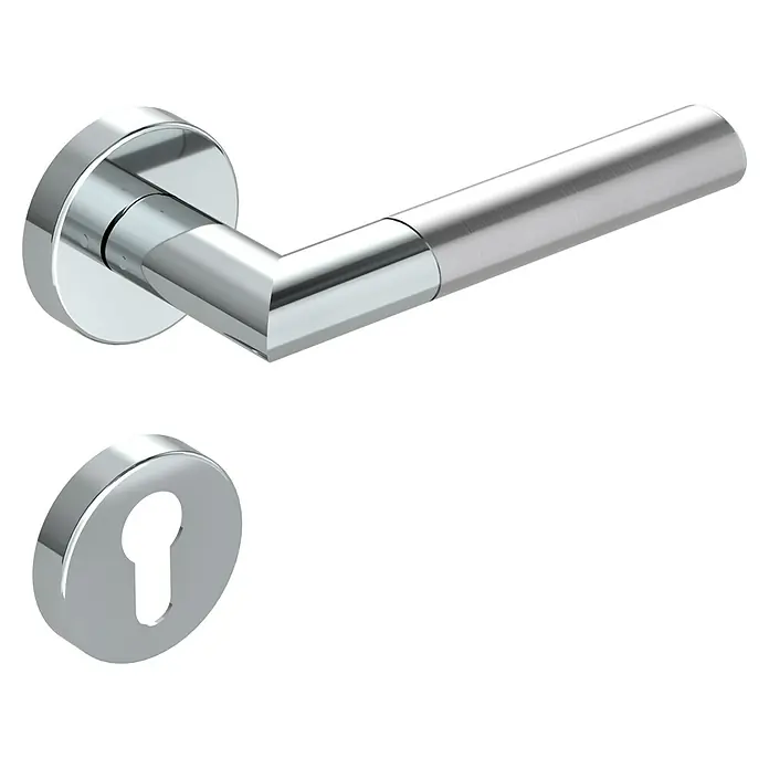 Diamond Doors Creative Drückergarnitur Dallas - Stärke Tür: 40 mm - 45 mm, Edelstahl, L-Form, Profilzylinder - Nahaufnahme eines modernen Türgriffs und einer Schlüssellochabdeckung aus glänzendem Chrom.