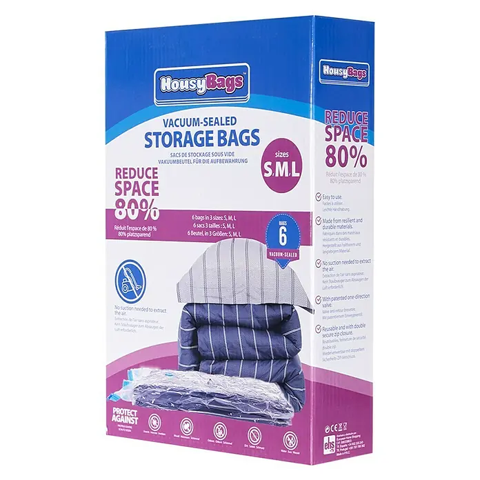 Set de bolsas de vacío HousyBags™ - 12 ud., Transparente - Bolsas de almacenamiento al vacío Housy Bags en una caja. Solución para ahorrar espacio para textiles.