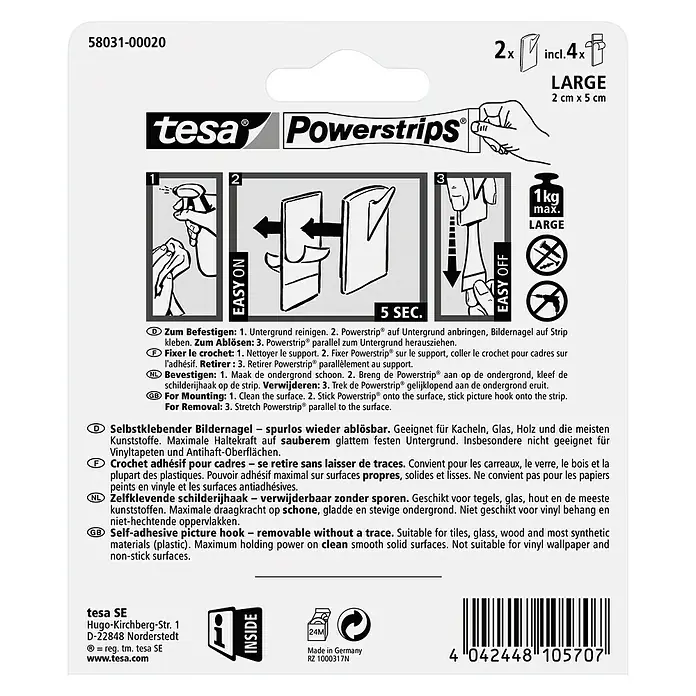 Tesa Powerstrips Bilder-Nagel - Mehrfach verwendbar, Weiß - Tesa Powerstrips: Selbstklebende Bilderhaken für spurloses Ablösen, ideal für glatte Oberflächen wie Fliesen oder Glas. Maximale Haltekraft garantiert.
