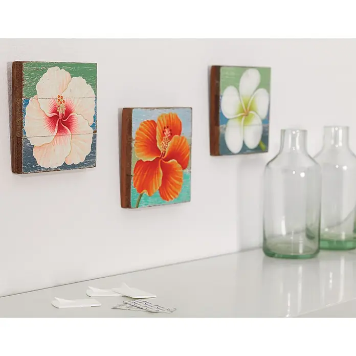 Tesa Powerstrips Bilder-Nagel - Mehrfach verwendbar, Weiß - Wanddekoration mit tropischen Blumenmotiven auf Holz und Glasflaschen auf einem weißen Regal.