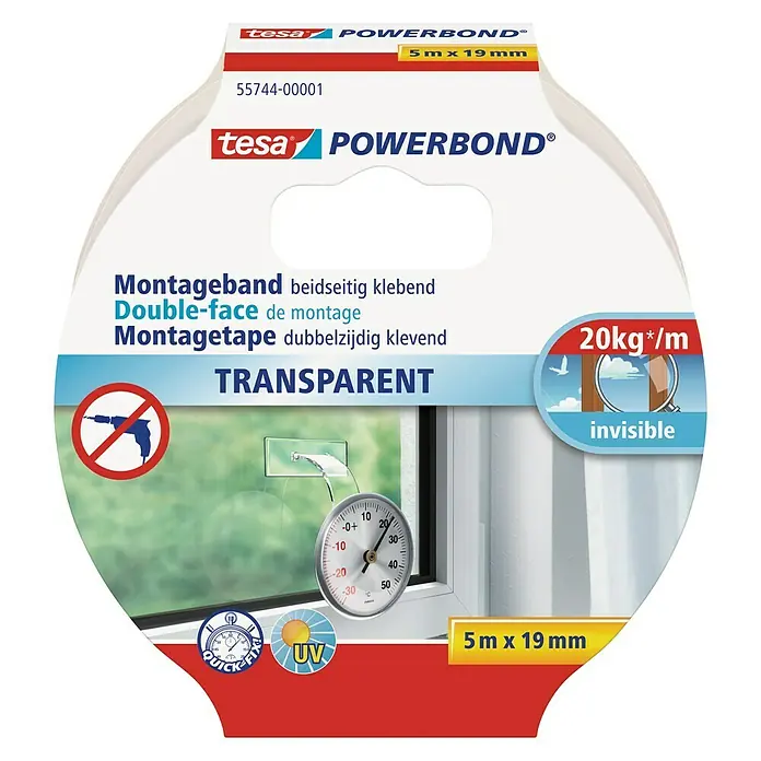 Tesa Powerbond Montageband Transparent - 5 m x 19 mm, Beidseitig selbstklebend - Tesa Powerbond Montageband, transparent, doppelseitig klebend, mit einer Größe von 5m x 19mm und einer Haltekraft von 20kg/m.