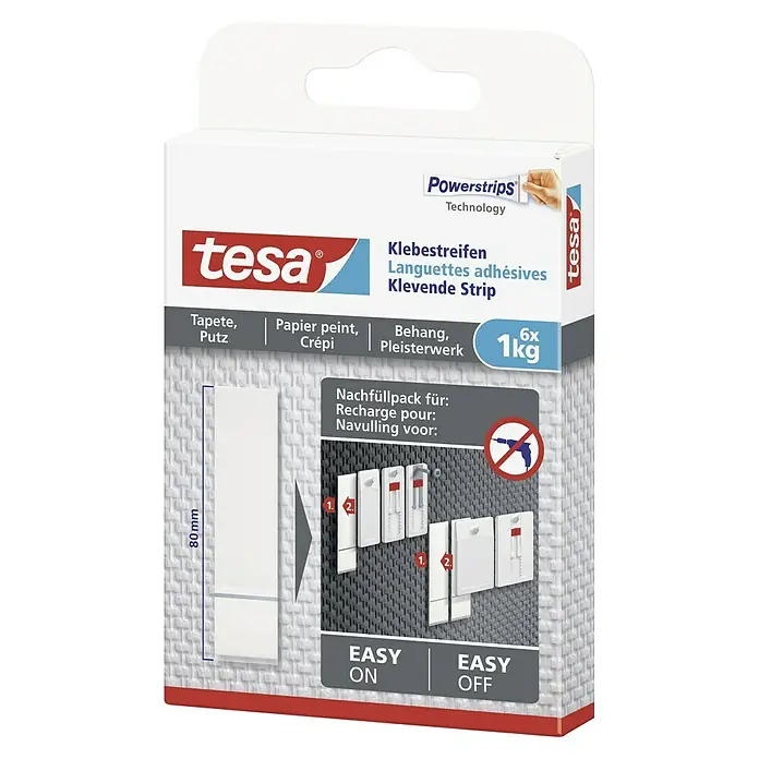 Tesa Klebestreifen - Geeignet für: Tapeten, Belastbarkeit: 1 kg, 6 Stk., Weiß - Packung Tesa Powerstrips Klebestreifen Technology zum Aufhängen von Objekten auf Tapeten und Putz, einfache Montage und Demontage.