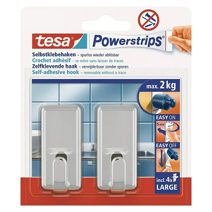 Tesa Powerstrips Selbstklebehaken - Eckig, Größe: L, Chrom, 2 Stk. - Tesa Powerstrips Selbstklebehaken, spurlos ablösbar bis zu 2 kg. Ideal für Bad und Küche, einfache Anbringung und rückstandslose Entfernung.