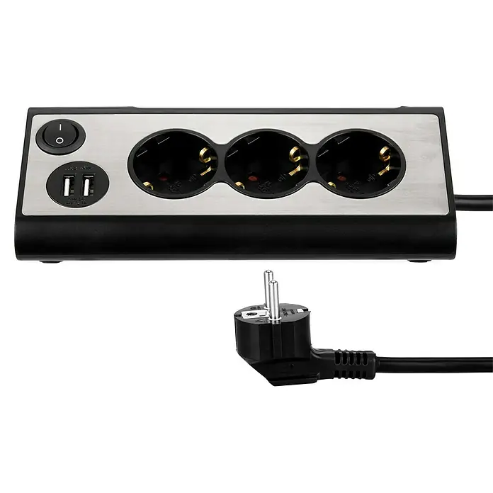 REV Steckdosenleiste Light Socket - Silber, Kabellänge: 1,4 m, IP20, Mit Schalter - Eine Steckdosenleiste mit drei Steckdosen und zwei USB-Anschlüssen, sowie einem Netzstecker. Ideal für den Einsatz im Büro oder zu Hause.