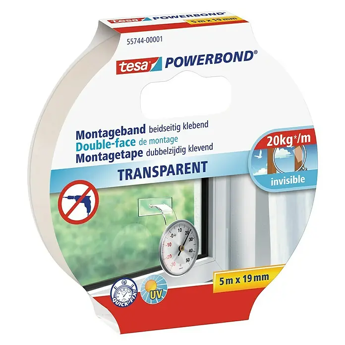 Tesa Powerbond Montageband Transparent - 5 m x 19 mm, Beidseitig selbstklebend - Tesa Powerbond Montageband "Transparent": Beidseitig klebend, für unsichtbare Befestigungen bis zu 20kg/m. Ideal für Innen- und Außenbereiche, UV-beständig.