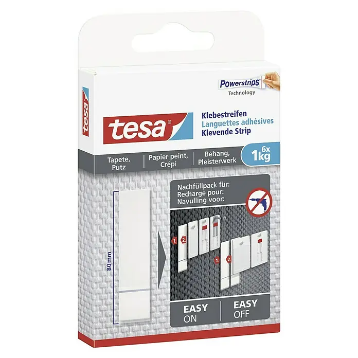 Tesa Klebestreifen - Geeignet für: Tapeten, Belastbarkeit: 1 kg, 6 Stk., Weiß - Produktverpackung der Tesa Powerstrips Technology Klebestreifen zum einfachen und schnellen Anbringen und Entfernen von Objekten ohne Bohren.