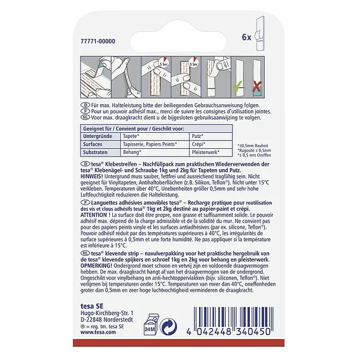 Tesa Klebestreifen - Geeignet für: Tapeten, Belastbarkeit: 1 kg, 6 Stk., Weiß - Tesa Klebestreifen Nachfüllpack: Praktische, wiederverwendbare Klebenägel & Schrauben für Tapeten & Putz, 1kg & 2kg Tragkraft, vielseitig einsetzbar.