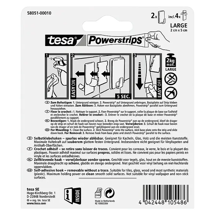 Tesa Powerstrips Selbstklebehaken - Eckig, Größe: L, Chrom, 2 Stk. - Tesa Powerstrips Großpackung: Selbstklebende Haken zur einfachen und spurlosen Befestigung von Gegenständen bis zu 2 kg.