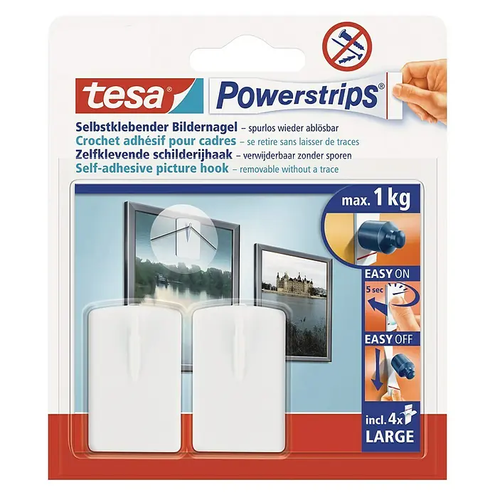 Tesa Powerstrips Bilder-Nagel - Mehrfach verwendbar, Weiß - Tesa Powerstrips selbstklebender Bildnagel für Bilder bis zu 1 kg, ideal zum Aufhängen ohne Bohren und rückstandslos entfernbar.