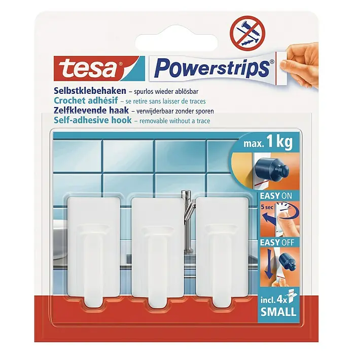 Tesa Powerstrips Selbstklebehaken - Eckig, Größe: S, Weiß, 3 Stk. - Das Bild zeigt eine Packung Tesa Powerstrips Selbstklebehaken, die spurlos ablösbar sind, mit einer maximalen Tragkraft von 1 kg.