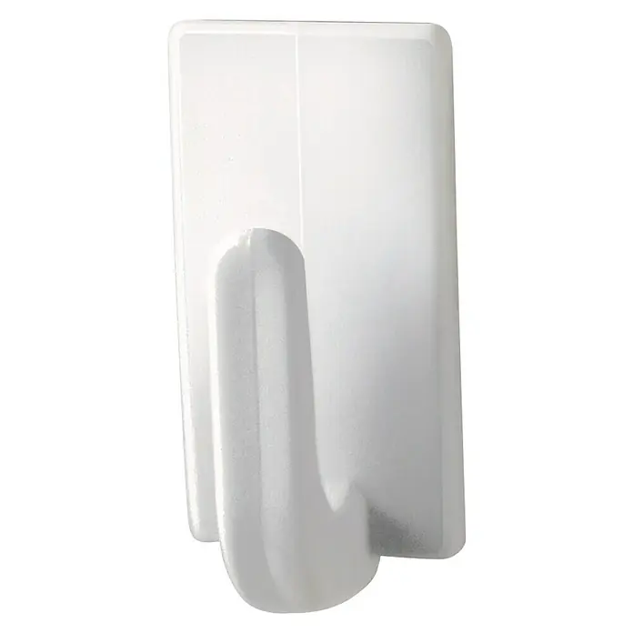 Tesa Powerstrips Selbstklebehaken - Eckig, Größe: S, Weiß, 3 Stk. - Nahaufnahme eines weißen Klebehaken an einer schwarzen Wand. Der Haken ist rechteckig und hat einen abgerundeten Hakenarm.