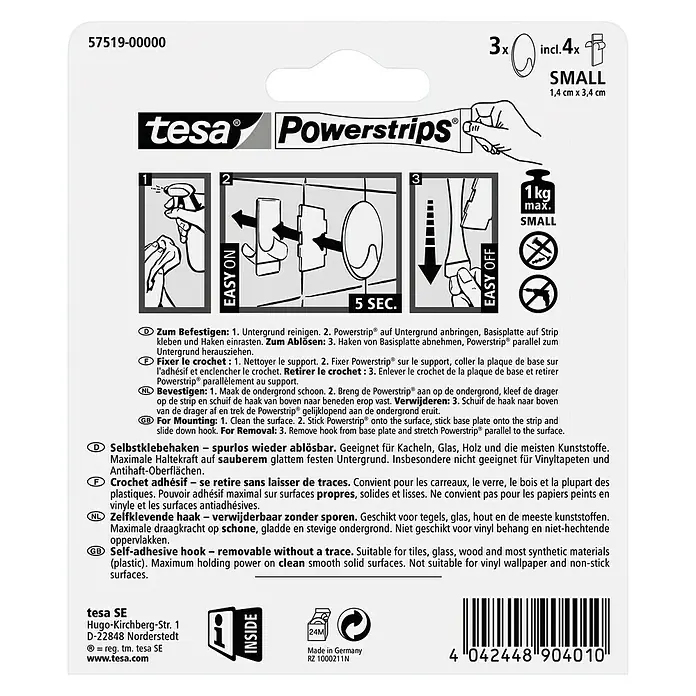 Tesa Powerstrips Selbstklebehaken - Oval, Größe: S, Chrom matt, 3 Stk. - Tesa Powerstrips für die Montage von Objekten bis zu 1kg. Geeignet für glatte Oberflächen, einfache Anbringung und spurloses Entfernen.