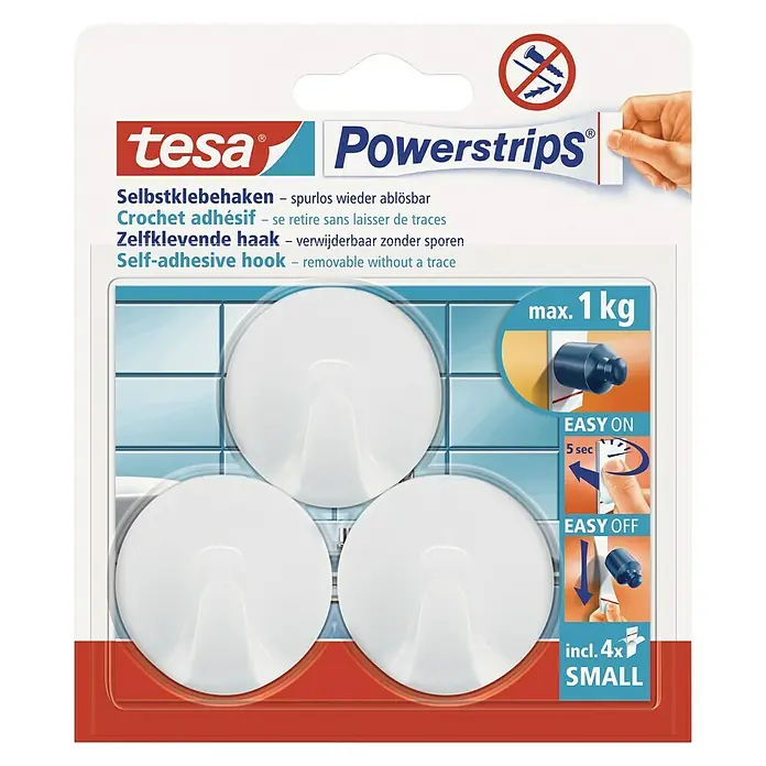 Tesa Powerstrips Selbstklebehaken - Rund, Größe: S, Weiß, 3 Stk. - Tesa Powerstrips Selbstklebehaken: Praktische, wiederablösbare Haken zur einfachen und spurlosen Befestigung von Gegenständen bis zu 1 kg.
