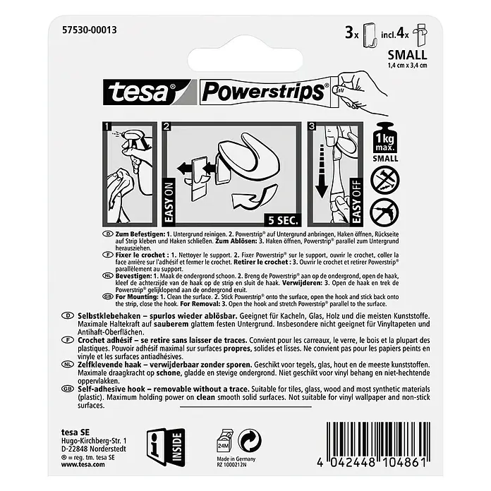 Tesa Powerstrips Selbstklebehaken - Eckig, Größe: S, Weiß, 3 Stk. - Tesa Powerstrips Montageanleitung: Reinigen, anbringen, Haken schließen, abziehen. Maximale Haltekraft auf glatten Oberflächen.