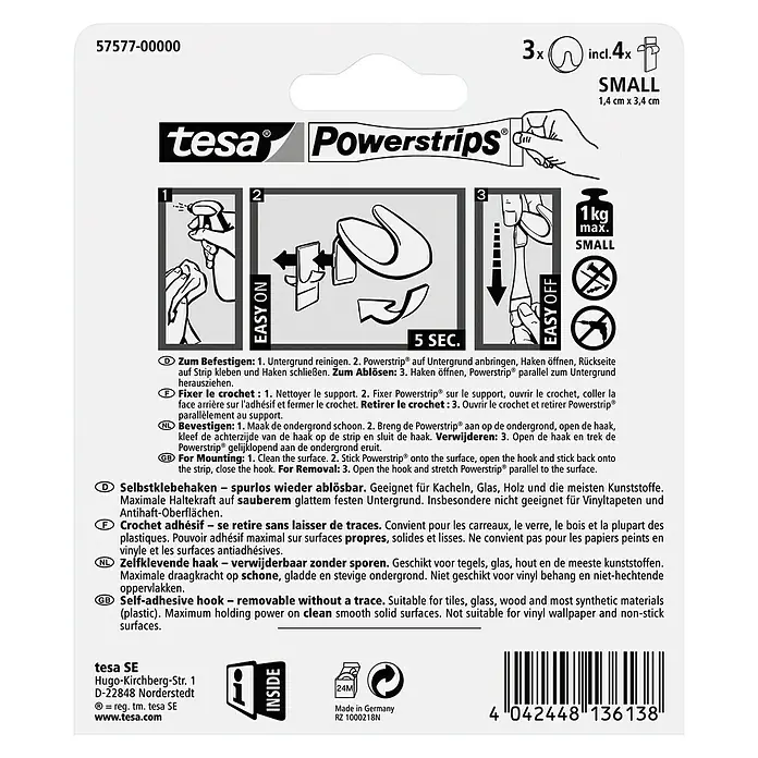 Tesa Powerstrips Selbstklebehaken - Rund, Größe: S, Weiß, 3 Stk. - Tesa Powerstrips, kleine selbstklebende Haken zur einfachen Befestigung ohne Spuren. Ideal für glatte Oberflächen.