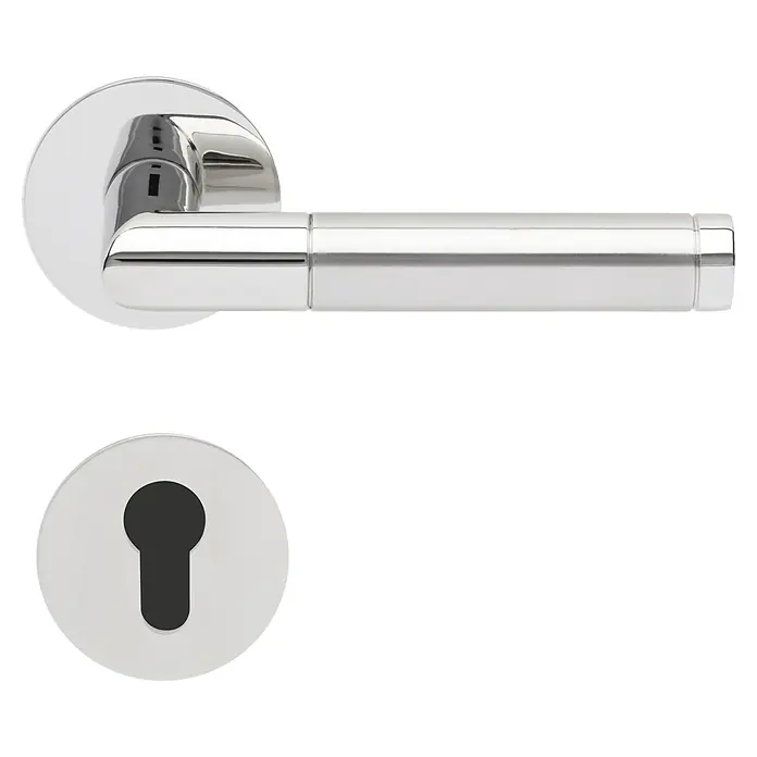 Diamond Doors Design Drückergarnitur Oregon - Stärke Tür: 40 mm - 45 mm, Edelstahl, L-Form, Profilzylinder - Ein glänzender Türgriff aus Chrom mit passendem Schlüsselloch. Perfekt für moderne Inneneinrichtungen.