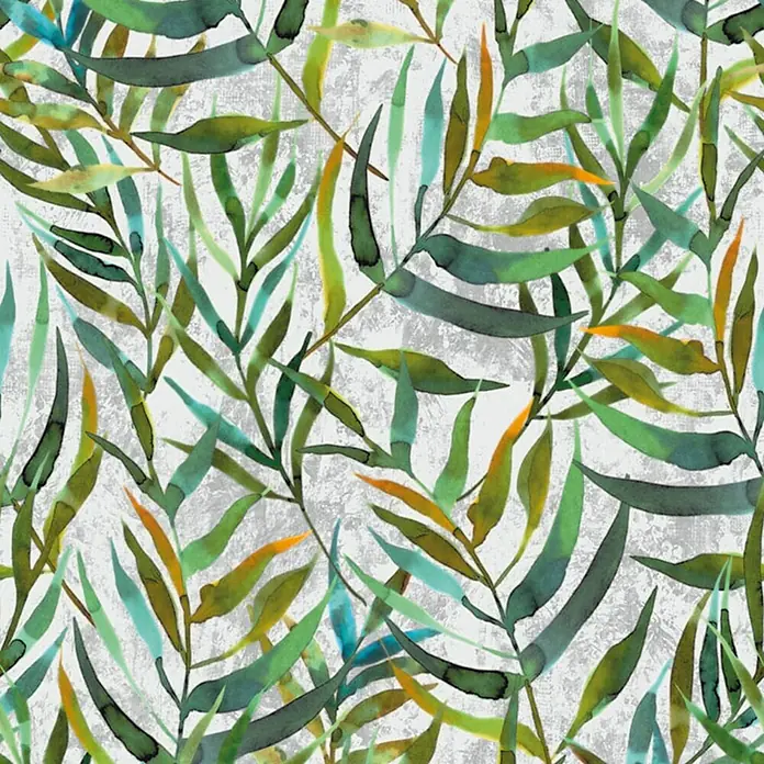 D-c-fix Lámina para ventana Lorina - 45 x 200 cm, Verde/Amarillo/Gris - Un diseño de papel tapiz sin costuras que muestra hojas y tallos verdes de estilo acuarela, creando un ambiente natural y relajante.