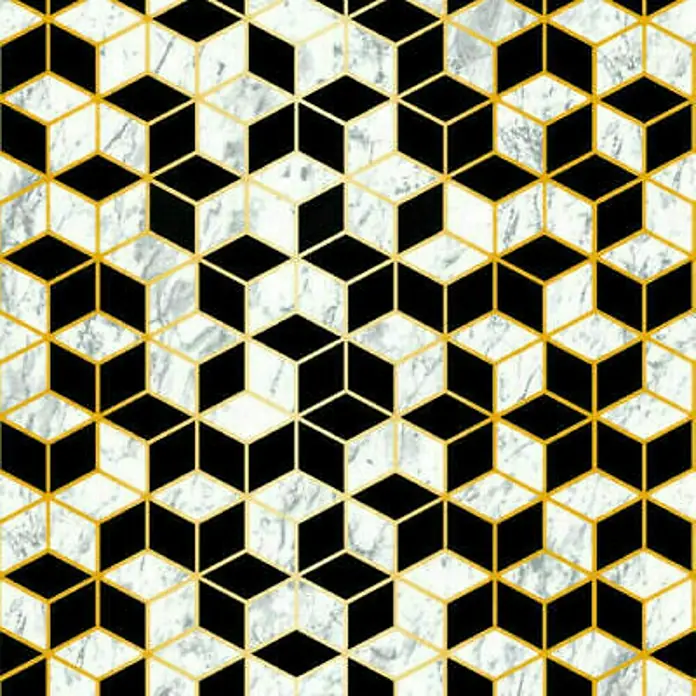 D-c-fix Lámina adhesiva Geométrico - 150 x 67,5 cm, Blanco/Negro, Autoadhesivo - Cubos en blanco y negro con borde dorado, patrón geométrico para diseños modernos y proyectos elegantes.