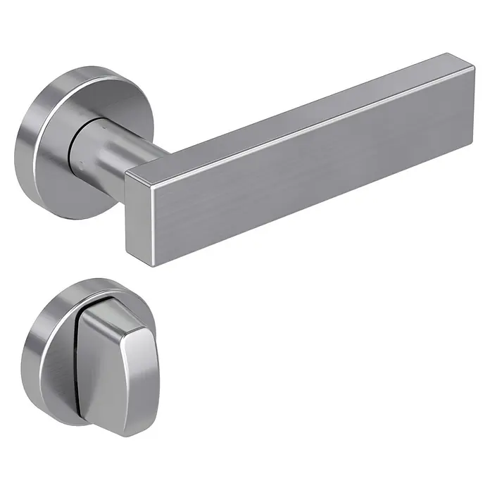 Diamond Doors Modern Zimmertürgarnitur WC Cube - Edelstahl, Schlitzkopf/Olive - Moderner Türdrücker aus gebürstetem Edelstahl mit Rosette und passendem Drehknopf für Badezimmer oder WC-Türen.