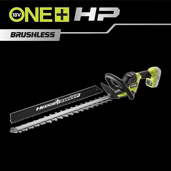 Ryobi ONE+ Akku-Heckenschere RY18HTX60A-0 - 18 V, Li-Ionen, Ohne Akku, Schwertlänge: 60 cm - Grün-schwarze Ryobi 18V ONE+ HP Akku-Heckenschere mit Hedge Sweep Astabweiser.
