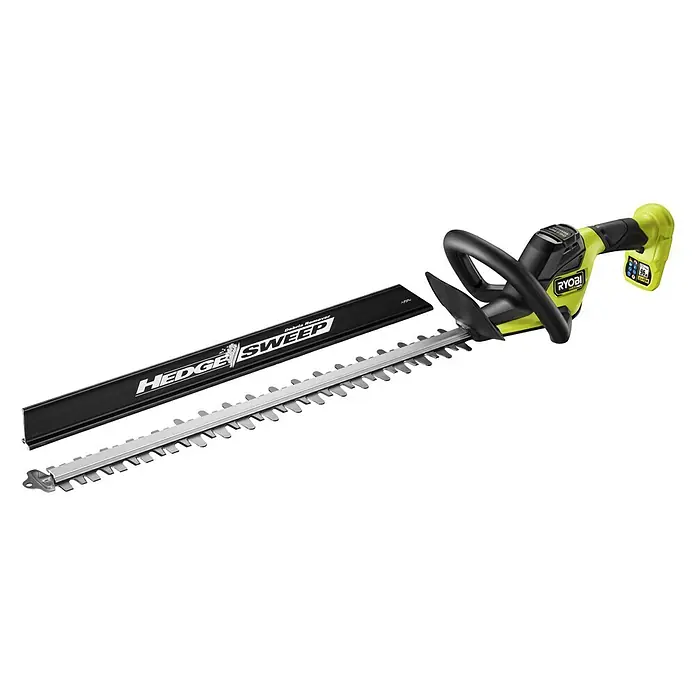 Ryobi ONE+ Maschinenpaket - Akku-Heckenschere RY18HTX60A-0,18V, 4 Ah Akku & 2A Ladegerät - RYOBI Akku-Heckenschere mit "Hedge Sweep"-Aufsatz für saubere Schnitte. Ideal für präzise Gartenarbeit ohne Kabelsalat.