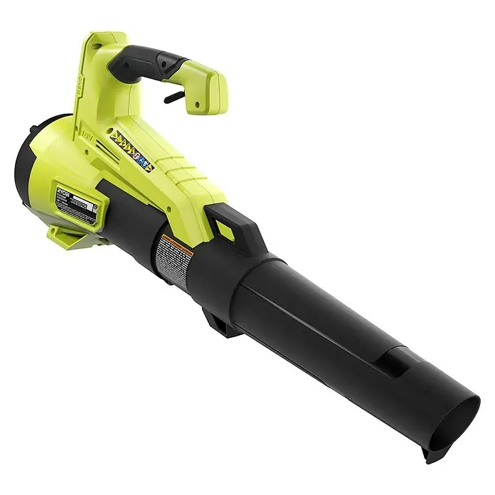Ryobi ONE+HP Akku-Laubbläser RY18BLXC-0 - 18 V, Ohne Akku, Blasgeschwindigkeit: 177 km/h, Blasleistung: 9,9 m³/min - Das Bild zeigt einen Akku-Laubbläser von Ryobi mit gelb-schwarzem Design. Der Laubbläser ist kabellos und für den Einsatz im Garten konzipiert.