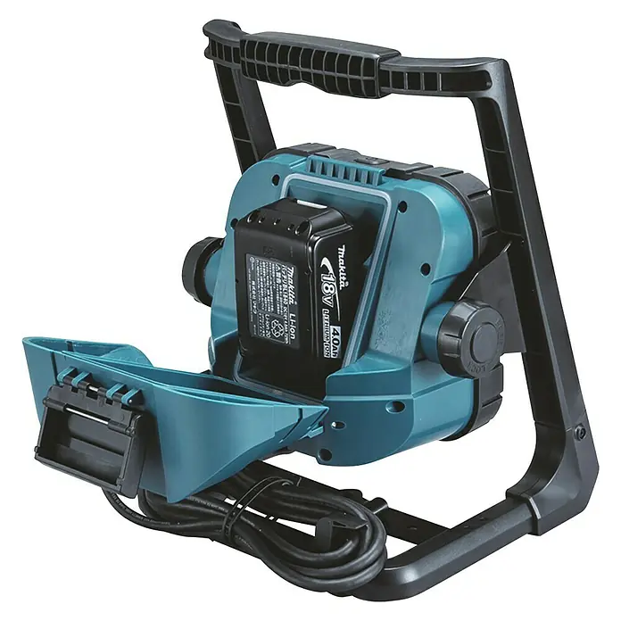 Makita LED-Akkustrahler DEADML805 - 18 V, Ohne Akku, L x B x H: 214 x 261 x 328 mm - Eine tragbare, akkubetriebene Makita Arbeitsleuchte mit einem robusten Rahmen und einem Akkufach, das einen 18V Lithium-Ionen-Akku aufnimmt.