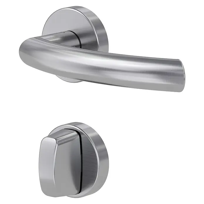 Diamond Doors Classic Drückergarnitur WC Wisconsin - Edelstahl matt, Schlitzkopf/Olive - Nahaufnahme eines modernen, silberfarbenen Türgriffs mit passendem Drehknopf auf schwarzem Hintergrund.