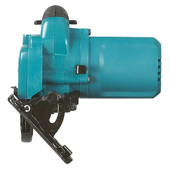 Makita Akku-Handkreissäge HS301DZ - 10,8 V, Ohne Akku, Leerlaufdrehzahl: 0 U/min - 1.500 U/min - Nahaufnahme einer blauen Makita-Kreissäge, die sich ideal für präzise Schnitte in Holz und anderen Materialien eignet.