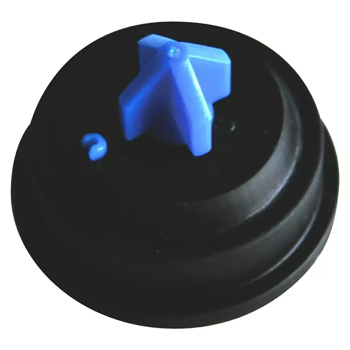 Membrandichtung Wisa - Außendurchmesser: 28 mm - Nahaufnahme einer schwarzen Kappe mit einem blauen Verschlussmechanismus. Der Fokus liegt auf dem Verschluss und dem runden Design.