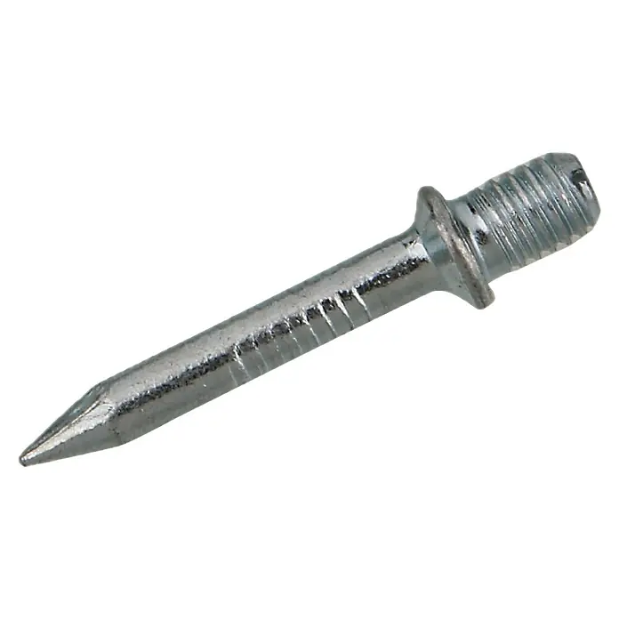 Einschlag-Schraubdübel - M 6, 10 Stk. - Nahaufnahme eines einzelnen, glänzenden, silberfarbenen Schraubnagels auf schwarzem Hintergrund. Das Nagelkopf ist geriffelt und der Schaft spitz zulaufend.