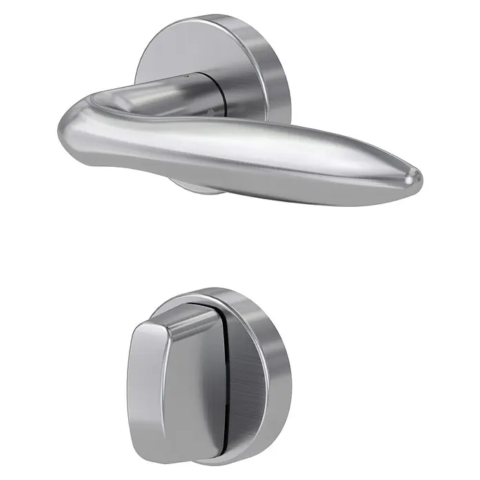 Diamond Doors Modern Drückergarnitur WC Fun - Edelstahl, L-Form, Stärke Tür: 40 mm - 45 mm, Schlitzkopf/Olive - Silberner Türdrücker und Drehknopf auf schwarzem Hintergrund. Elegantes Design für moderne Inneneinrichtung.