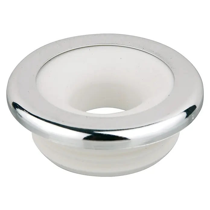 Kippdichtung - Innendurchmesser: 26 mm - 32 mm, Weiß - Nahaufnahme einer Spülbecken-Überlaufabdeckung aus Chrom und Weiß, die ein essentielles Detail für jedes Badezimmer oder Küche darstellt.