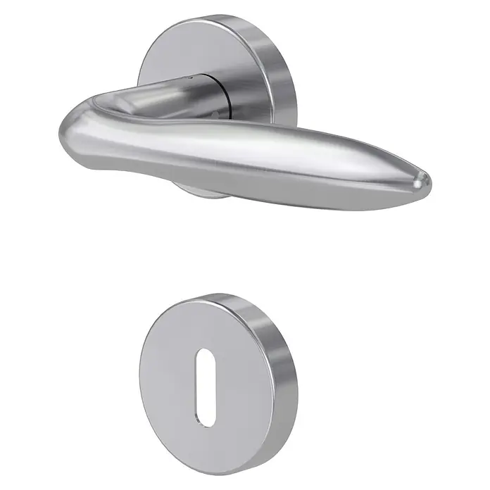 Diamond Doors Modern Drückergarnitur Fun - Edelstahl, L-Form, Stärke Tür: 40 mm - 45 mm, Buntbart - Nahaufnahme eines silberfarbenen Türgriffs mit Schlüsselloch, modernes Design.
