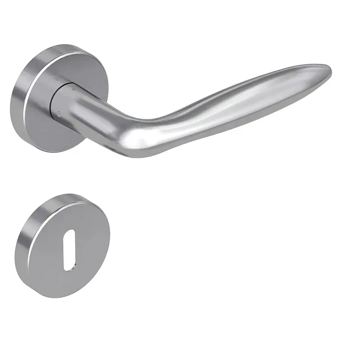 Diamond Doors Modern Drückergarnitur Fun - Edelstahl, L-Form, Stärke Tür: 40 mm - 45 mm, Buntbart - Nahaufnahme eines modernen Türgriffs aus Edelstahl mit Rosette und Schlüsselloch.