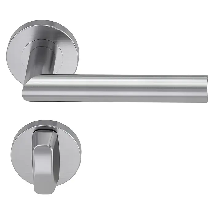Diamond Doors Modern Zimmertürgarnitur WC L-FormStärke Tür: 38 mm - 45 mm, Edelstahl, Schlitzkopf/Olive - Türgriff-Garnitur aus Edelstahl mit Rosetten für moderne Inneneinrichtung.