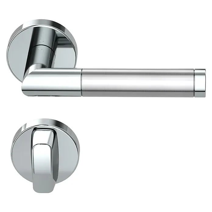 Diamond Doors Creative Drückergarnitur Avantgardo - Edelstahl, Schlitzkopf/Olive - Nahaufnahme eines modernen, verchromten Türgriffs mit passendem Drehknopf auf schwarzem Hintergrund.